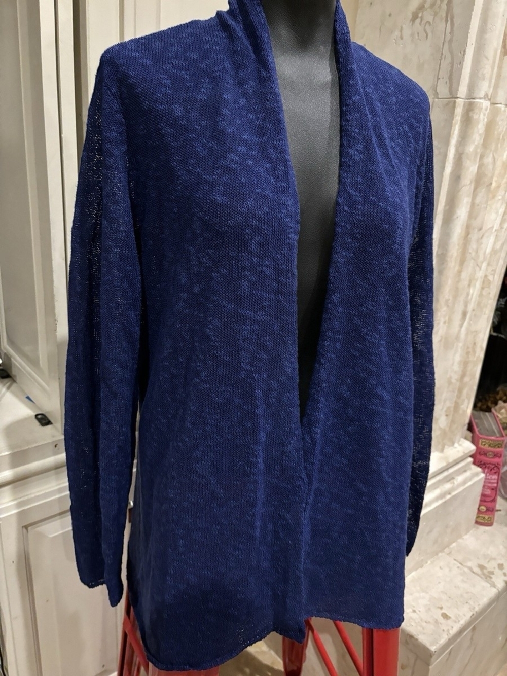 Eileen Fisher Linen Blend Long Line Open Cardigan Blue XL